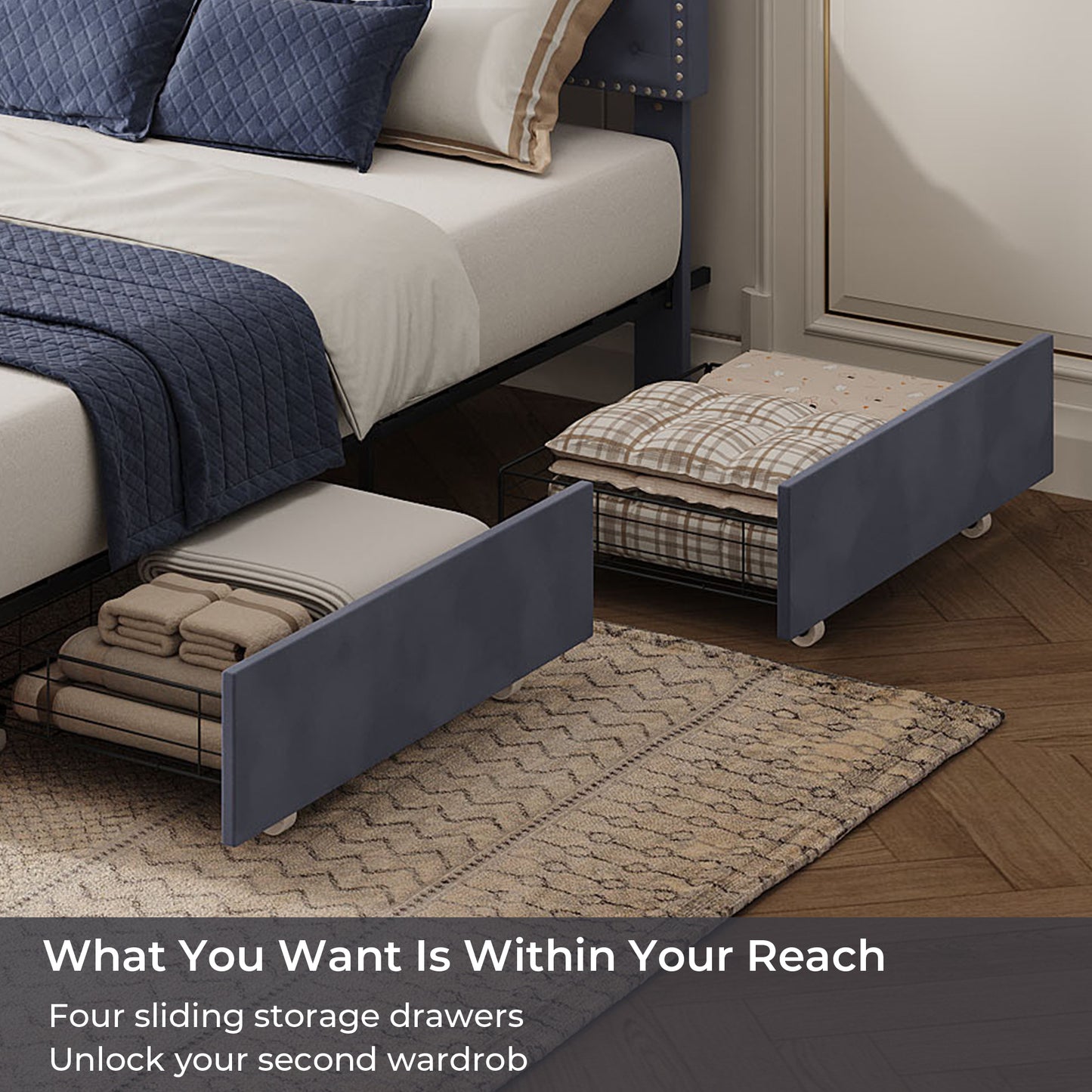 Sailvan Bed Frame with 4 Storage Drawers & LED Lights, Velvet Upholstered Platform Bed Frame with Adjustable Headboard, No Box Spring Needed Queen Bedframe, Gray