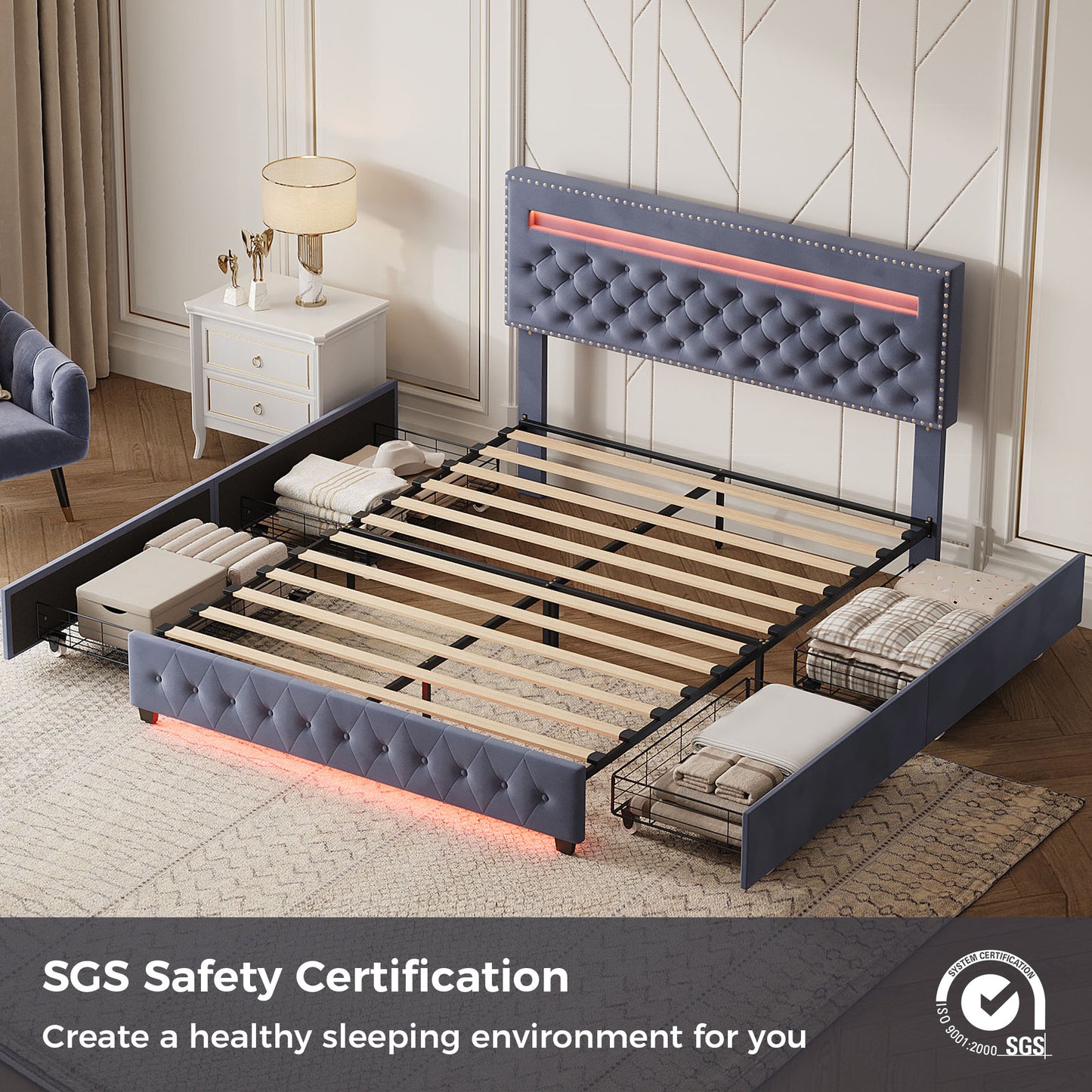 Sailvan Bed Frame with 4 Storage Drawers & LED Lights, Velvet Upholstered Platform Bed Frame with Adjustable Headboard, No Box Spring Needed Queen Bedframe, Gray