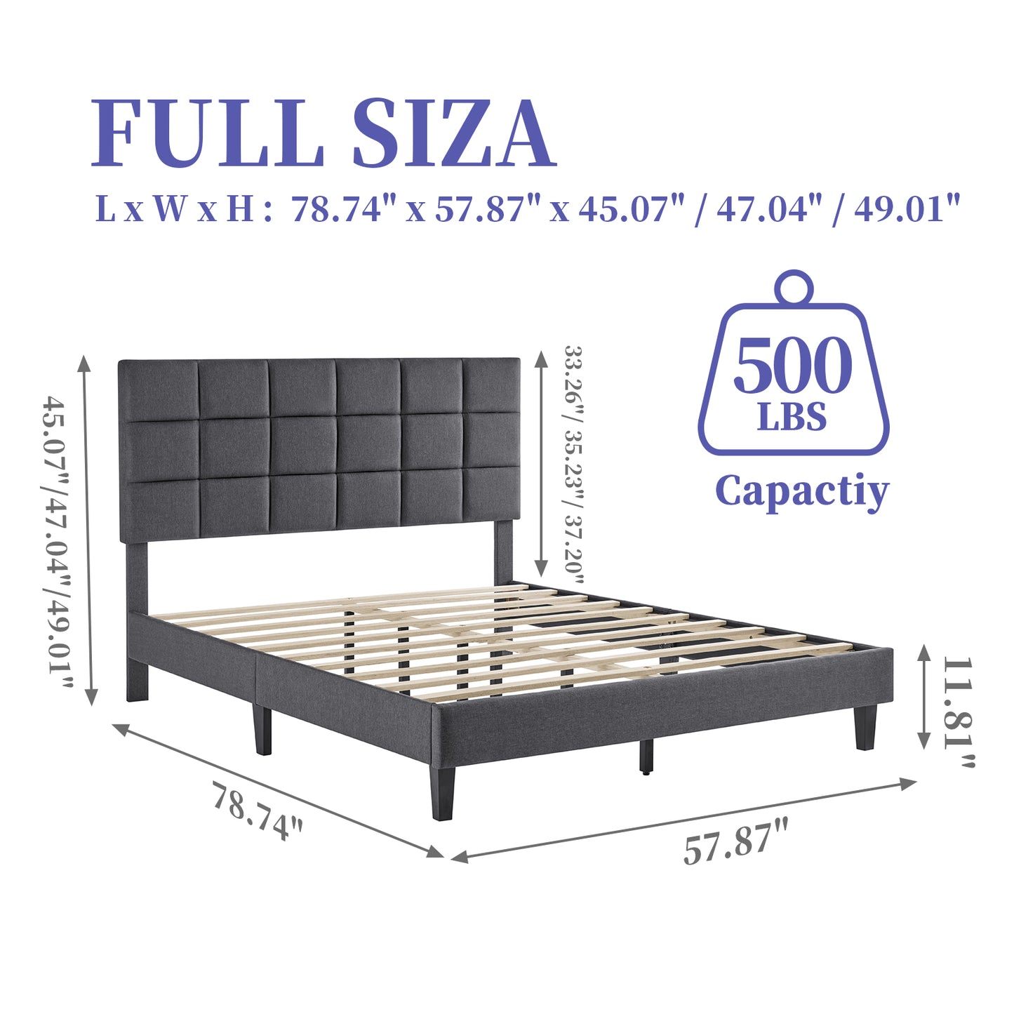 Sailvan Bed Frame with Headboard, Bed Frame with Upholstered, Gray, Wood Slats Support, No-Noise, Easy to Assemble