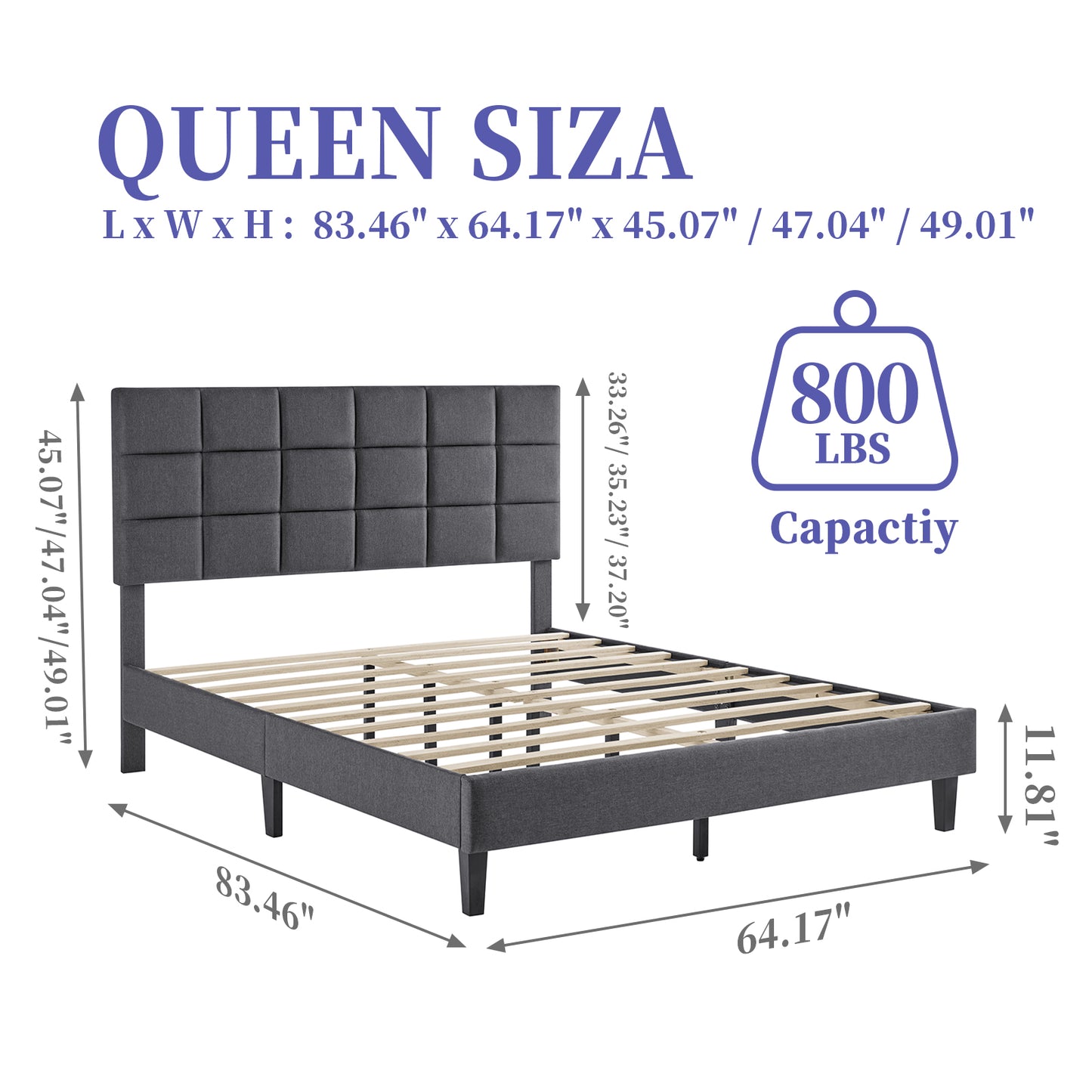 Sailvan Bed Frame with Headboard, Bed Frame with Upholstered, Gray, Wood Slats Support, No-Noise, Easy to Assemble