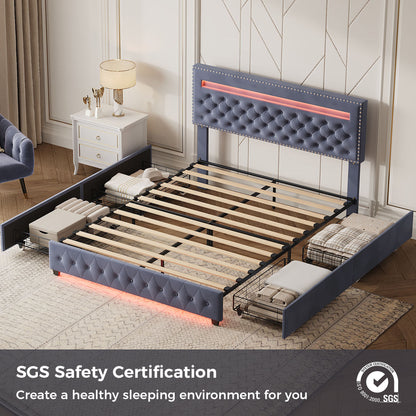 Sailvan Bed Frame with 4 Storage Drawers & LED Lights, Velvet Upholstered Platform Bed Frame with Adjustable Headboard, No Box Spring Needed Queen Bedframe, Gray